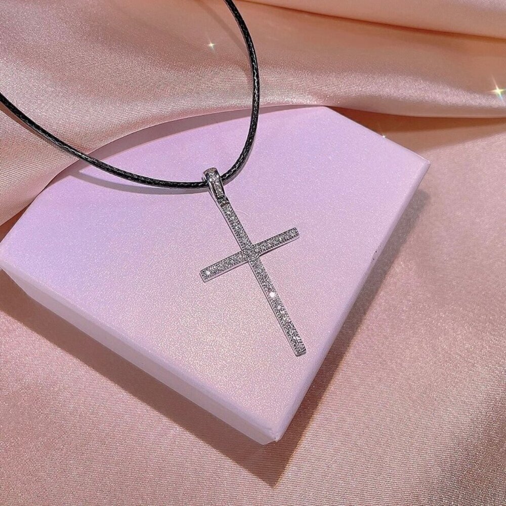 NWT Cross Pendant Necklace S925 Sterling Silver Choker Black Cord CZ Inlaid 17” - Picture 6 of 10